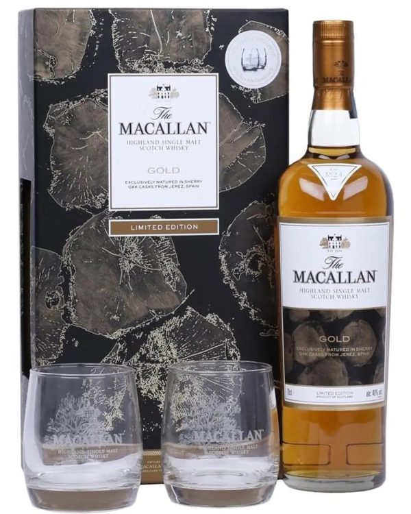 The Macallan Gold Whisky Gift Set With 2 Glass, 70 cl For Sale