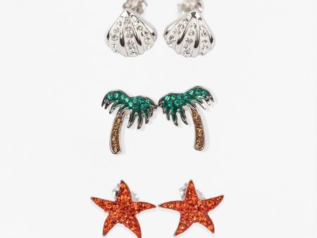 Clam Seashell Palm Tree Starfish Crystal Sterling Silver Three Pair Bundle Beach Earrings Set Online