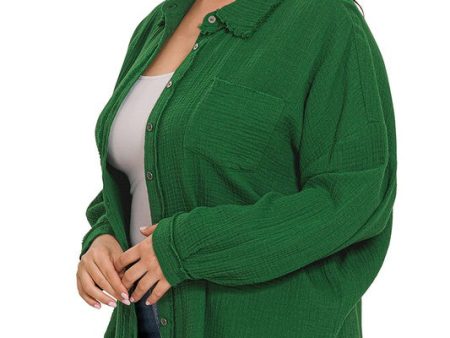 Curvy Double Gauze Oversized Raw Edge Shirt-Dark Green Hot on Sale