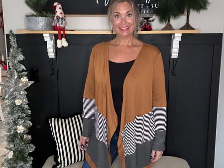 Camel Color Block Stripe Cardigan on Sale