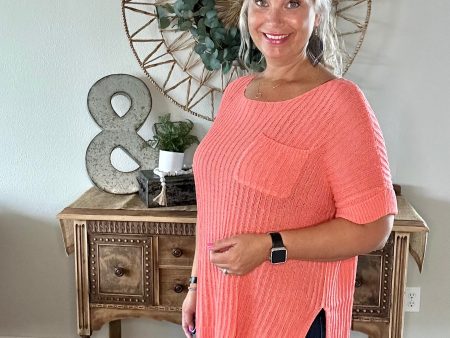 Oversized Knit Pocket Top-Salmon on Sale