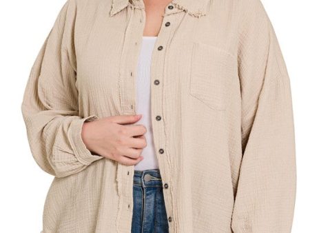 Curvy Double Gauze Oversized Raw Edge Shirt-Sand Beige Online Hot Sale