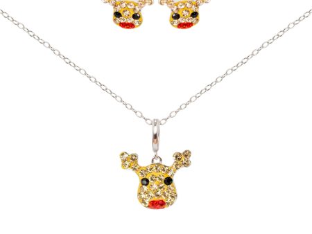 Reindeer Crystal Sterling Silver Earring and Charm Necklace Set For Cheap