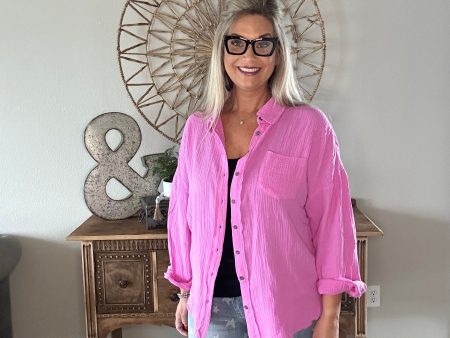 Double Gauze Oversized Raw Edge Shirt-Bright Mauve Sale