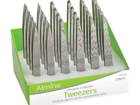 Almine Etched Mirror Polished Tweezers 24ct Asst Tip Display Set Supply