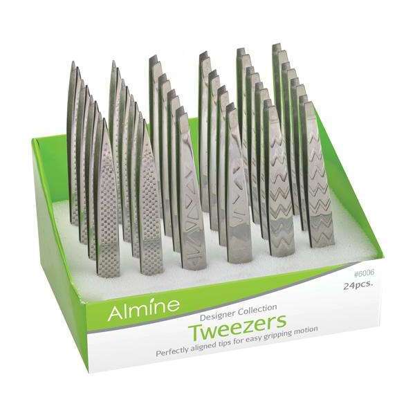 Almine Etched Mirror Polished Tweezers 24ct Asst Tip Display Set Supply