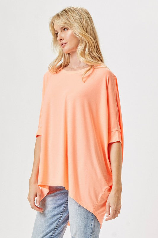 Wrinkle Free Neon Orange Dolman Sleeve Top-Curvy Supply