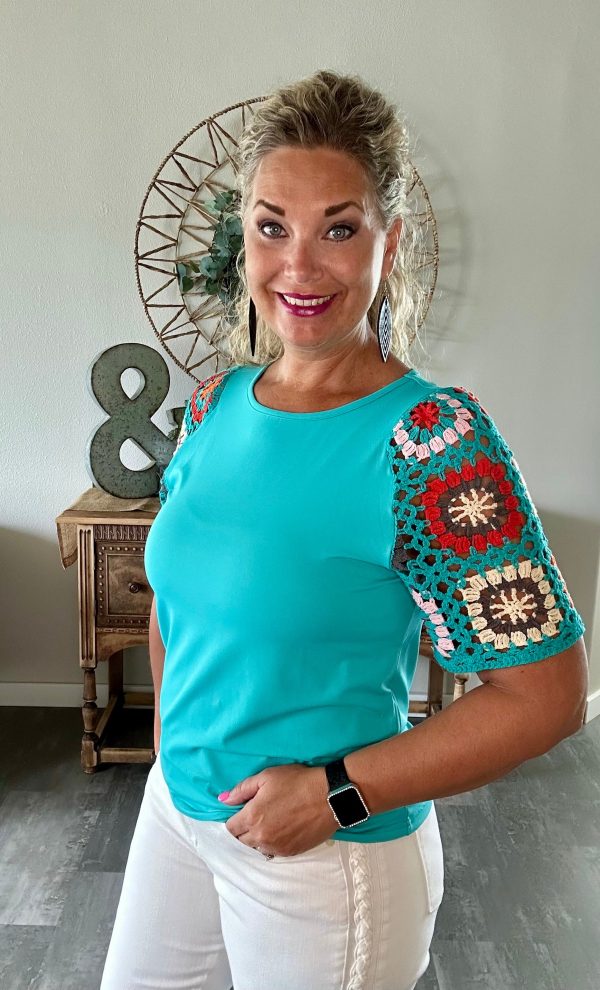 Turquoise Floral Crochet Short Sleeve Top Discount