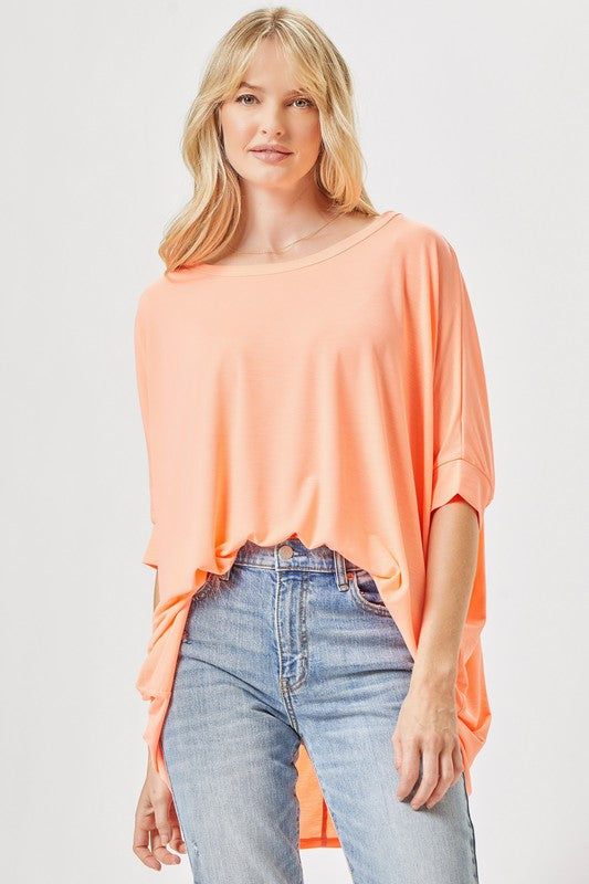 Wrinkle Free Neon Orange Dolman Sleeve Top-Curvy Supply