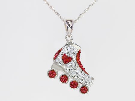 Red Inline Skate with Heart Accent Crystal Sterling Silver Necklace on Sale