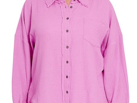 Curvy Double Gauze Oversized Raw Edge Shirt-Mauve Cheap