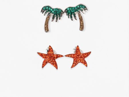 Starfish and Palm Tree Crystal Sterling Silver Two Pair Earrings Set For Discount