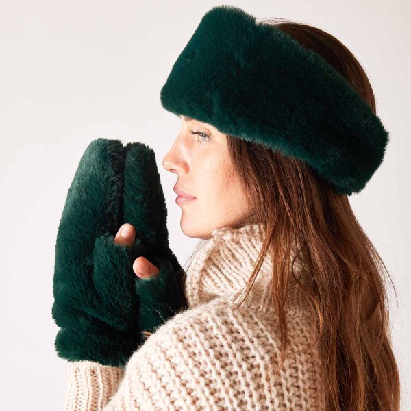 Cozy Cabin Faux Fur Mittens in Pine on Sale