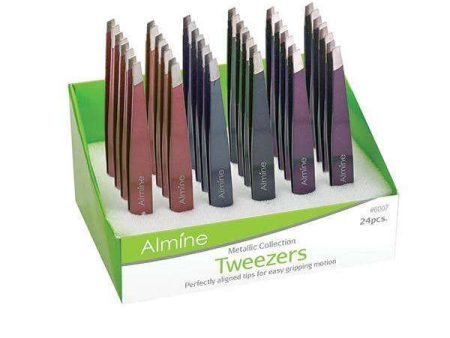 Almine Matte Metallic Slant Tip Tweezers 24ct Display Set Online now