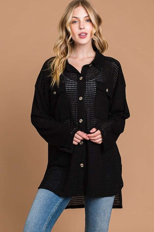 Waffle Button Up Shirket-Black Curvy For Cheap