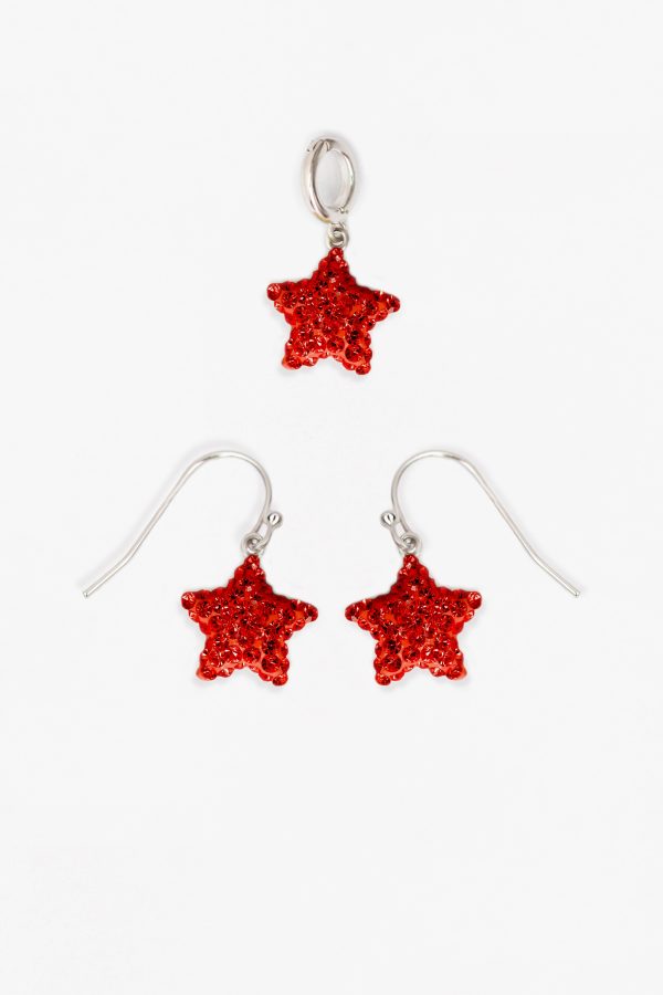 Red Star Crystal Sterling Silver Earrings and Charm Set Supply