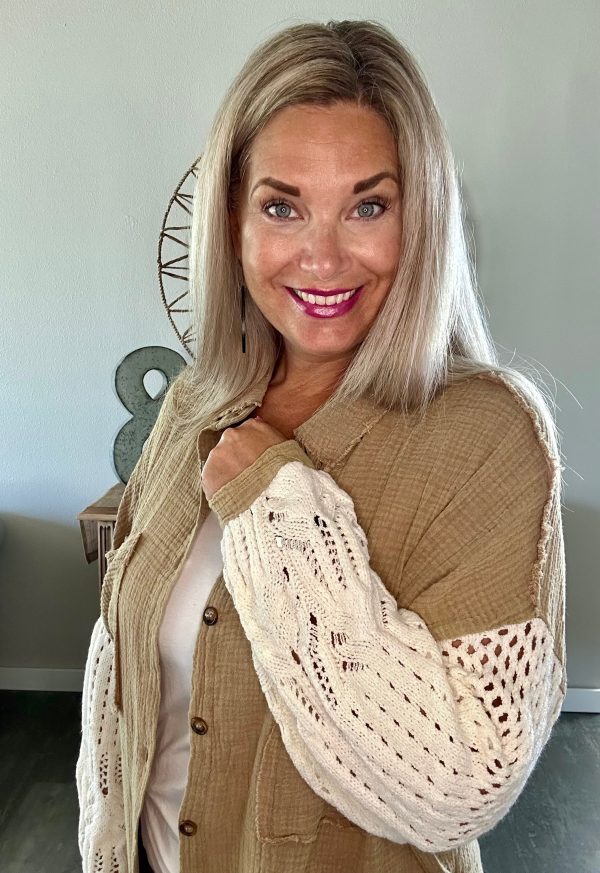 Double Gauze Crochet Sleeve Shirket-Coffee Online Sale