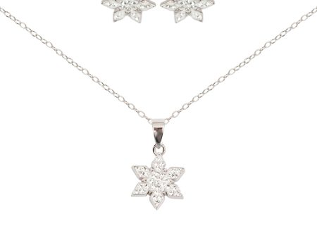 White Stellar Snowflake Holiday Crystal Silver Earring and Pendant Necklace Set Online Sale