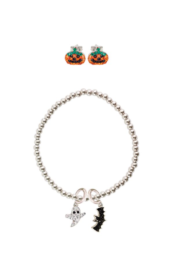 Pumpkin Crystal Sterling Silver Earring with Ghost and Bat Crystal Charm Sterling Silver Beaded Stretch Bracelet Set For Discount