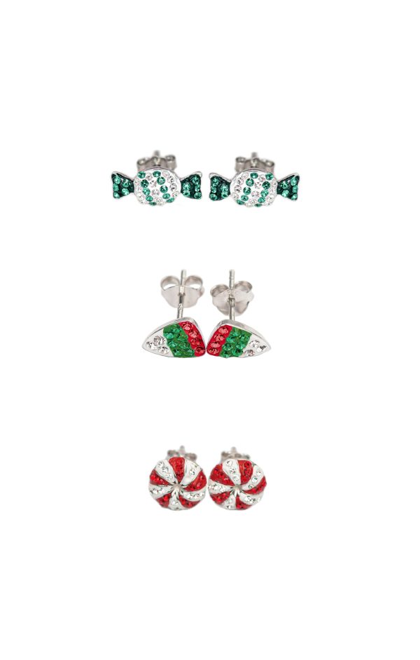 Sweet Holiday Crystal Sterling Silver Three Earrings Set – Candy, Peppermint Swirl & Candy Corn Cheap