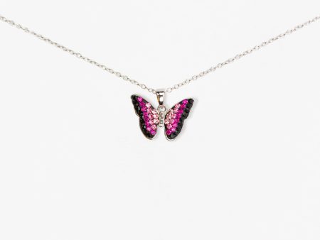 Fuschia Pink Ombre Crystal Butterfly Sterling Silver Necklace Discount