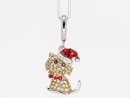 Holiday Kitty Cat Crystal Sterling Silver Charm With Paperclip Bracelet Online now