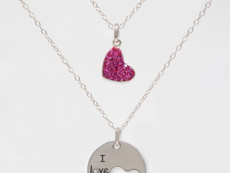 Mom and Daughter  I Love You  and Pink Mini Heart (Tilted) Crystal Sterling Silver Necklace Set Supply