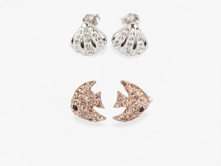 Sea Life Coral Fish and Clam Seashell Crystal Sterling Silver Earrings Two Pair Set For Cheap