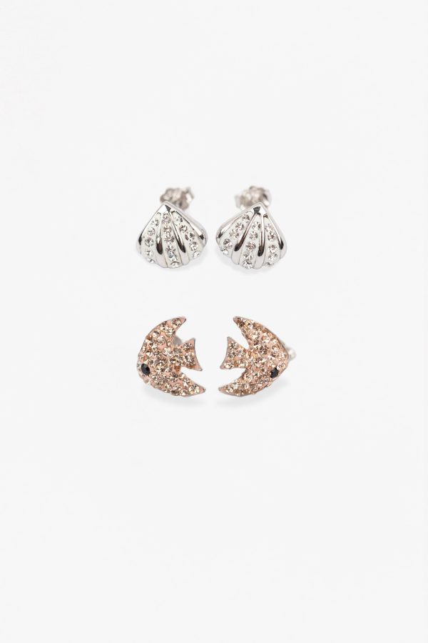 Sea Life Coral Fish and Clam Seashell Crystal Sterling Silver Earrings Two Pair Set For Cheap