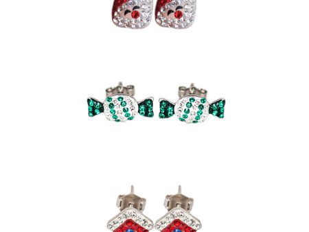 Holiday Cheer Trio Crystal Silver Stud Earrings – Candy, Santa’s House & Jolly Claus For Sale