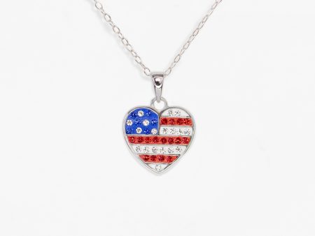 American Flag Heart Crystal Sterling Silver Necklace For Discount