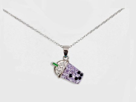 Taro Ube Boba Milk Tea Crystal Sterling Silver Necklace Sale