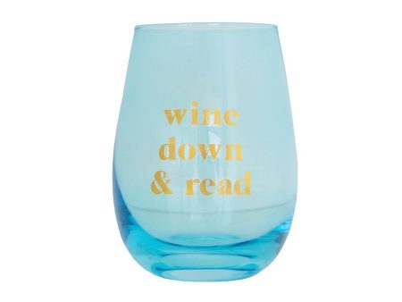 Wine Down & Read  Blue Stemless Glass For Cheap