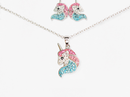 Crystal Unicorn Sterling Silver Stud Earrings & Necklace Set on Sale