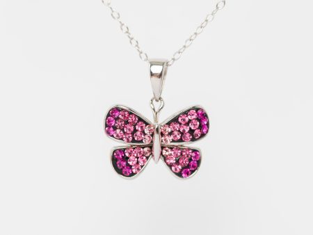 Pink Butterfly Crystal Sterling Silver Necklace For Sale