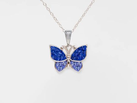 Sapphire Blue Butterfly Crystal Sterling Silver Necklace For Sale